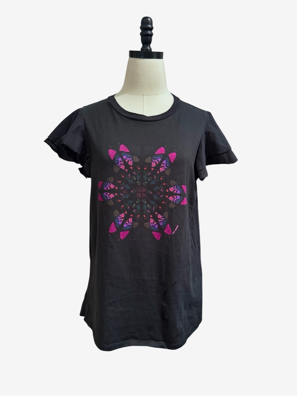 Ted Baker Butella Black Graphic Tee Ruffle Sleeves